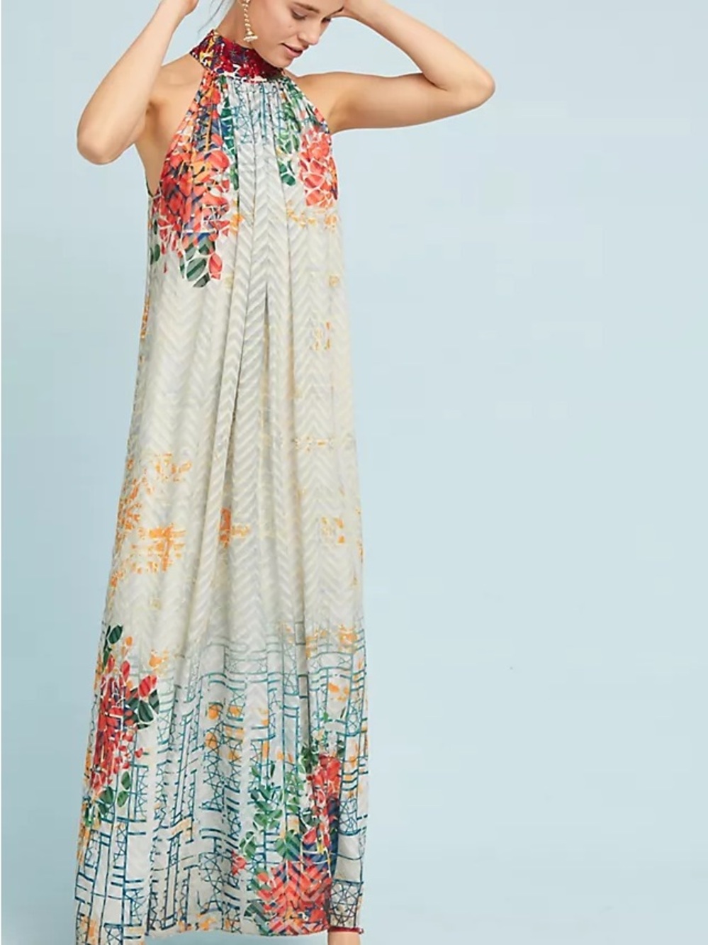 Floral Halter Maxi Dress in Ivory and Coral